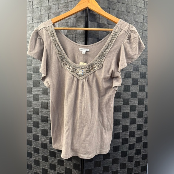 American Eagle Outfitters Tops - NWT American Eagle Beaded Scoop Neck Blouse – Taupe Gray, Size XS